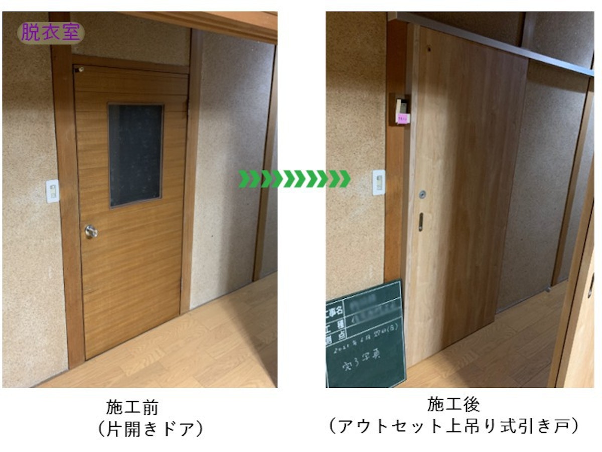 ドアから引き戸へ交換 アウトセット引き戸 上吊り式引き戸