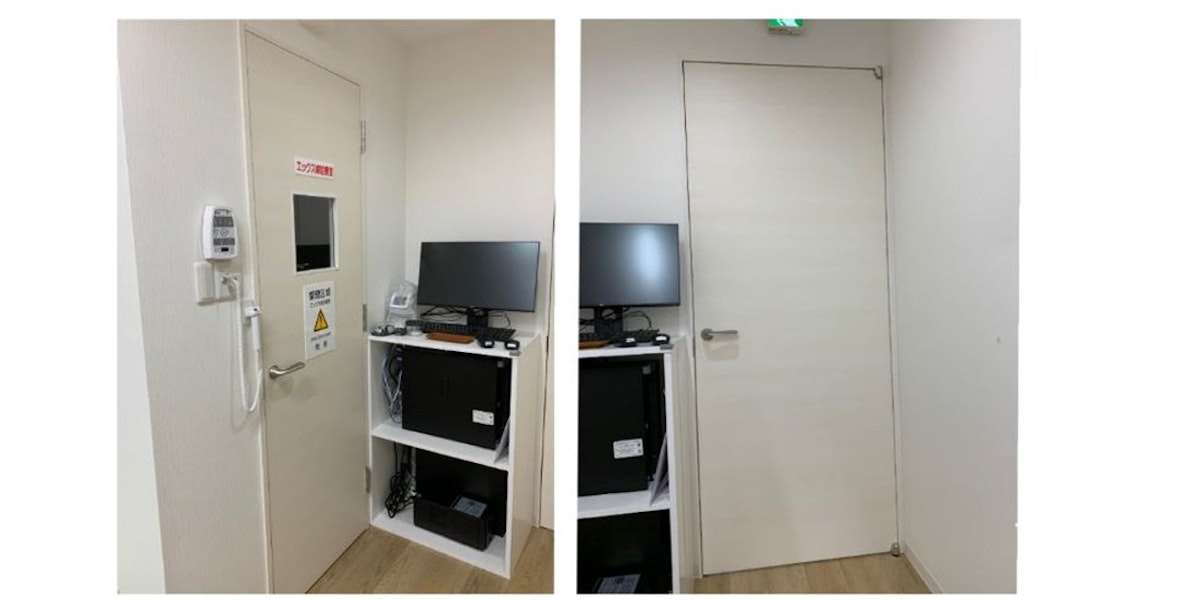 レバーハンドルを他の部屋と同じにして統一感を持たせました 木製ドア、レントゲン室 院内のドア 店舗ドア