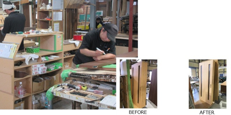 木製フラッシュドア製造工程。金具の取付け、仕上げの作業　ドアの注文